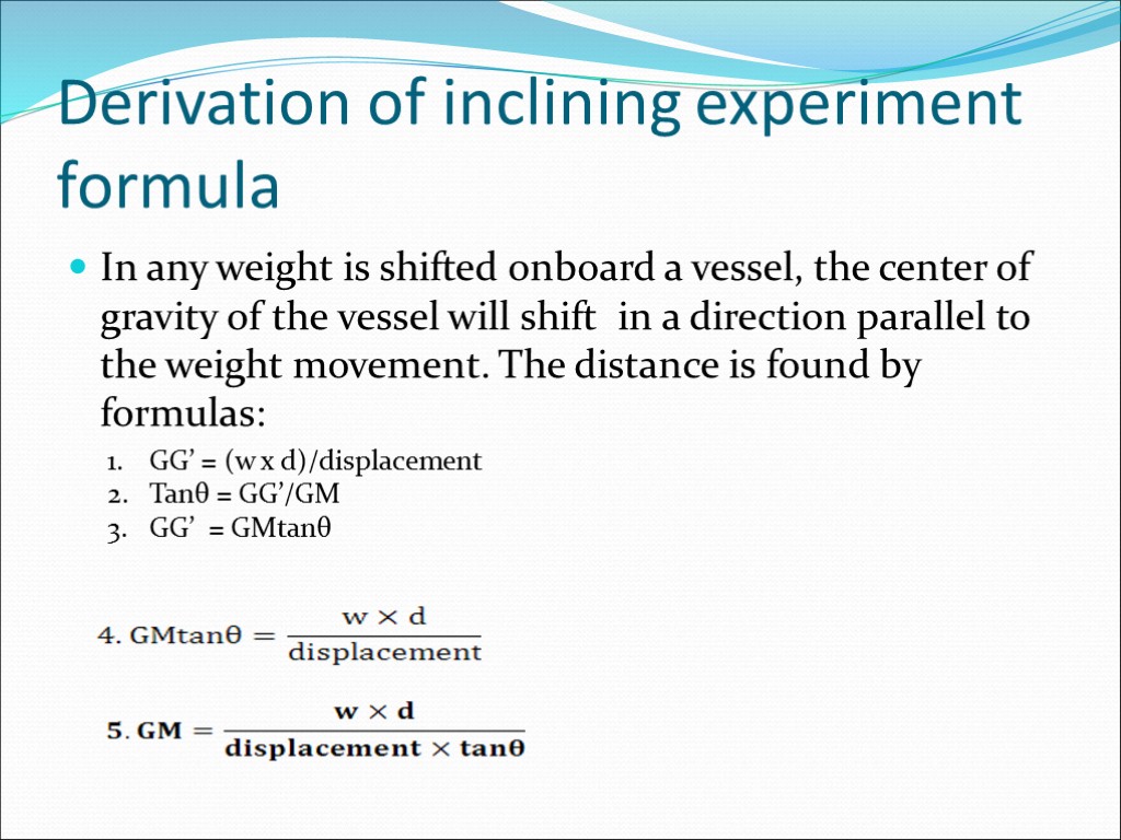 Derivation of inclining experiment formula In any weight is shifted onboard a vessel, the